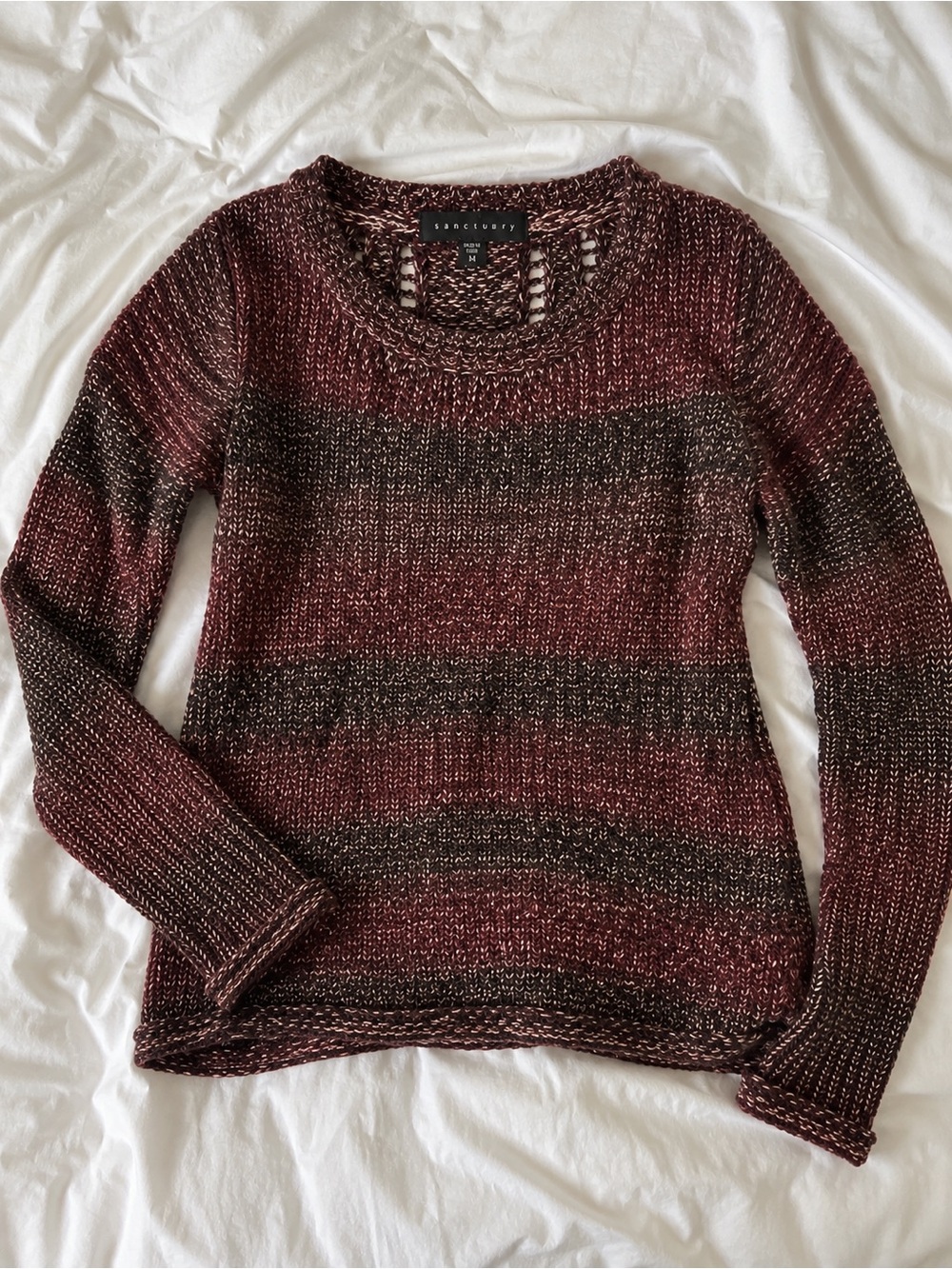 Sanctuary Striped Open Back Sweater in Burgundy & Black Size Medium